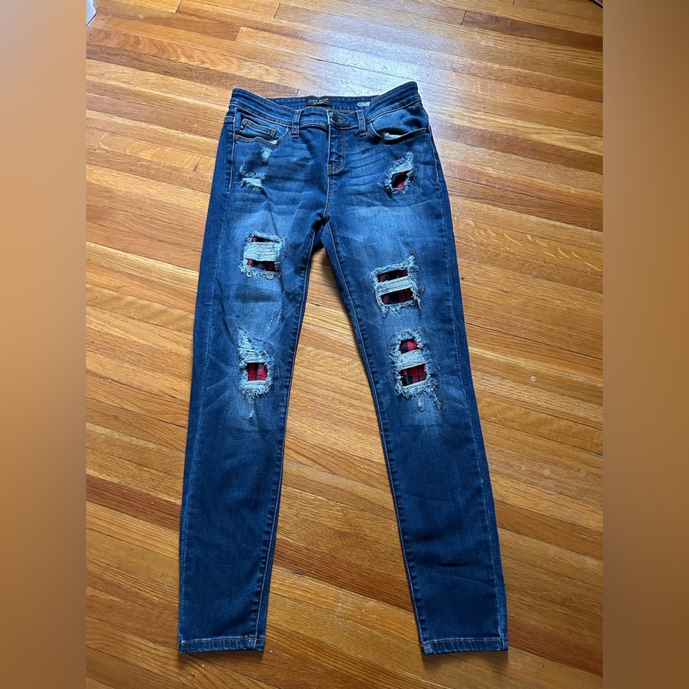 Distressed buffalo plaid Judy Blue jeans